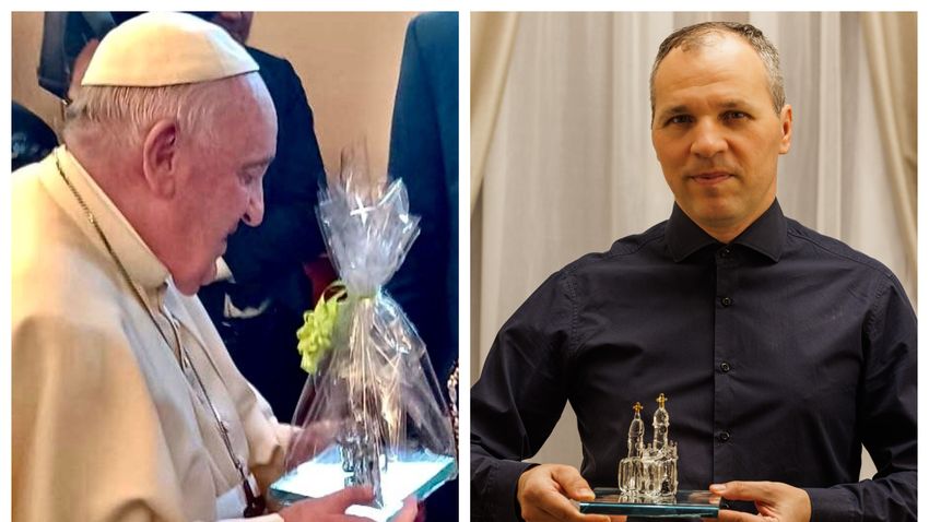 Ferenc pápa a celofánba csomagolt személyes ajándékkal, Vasvári Zoltán az argentin templom másával